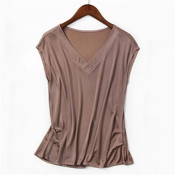 Women's Silk Tee Shirt V-Neck Sleeveless Batwing Pleated Hem Casual Top
