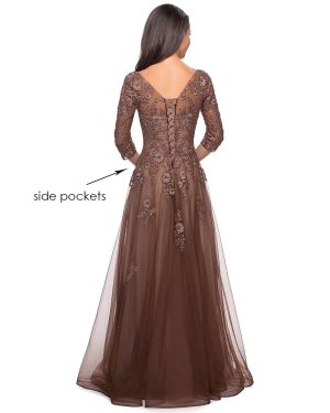 Women's Floral Lace Appliques 3/4 Sleeve Mother of The Bride Dresses Long V Neck Formal Dresses with Pockets YZTS028