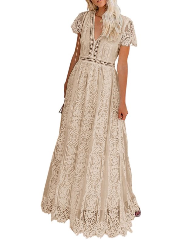 Women's V Neck Short Sleeve Floral Lace Wedding Dress Bridesmaid Cocktail Party Maxi Dress