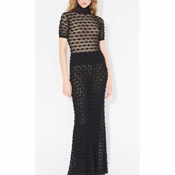 Women's Sheer Jacquard Trumpet Dress - Hollow Out Short Sleeve Suspender Mermaid Gown