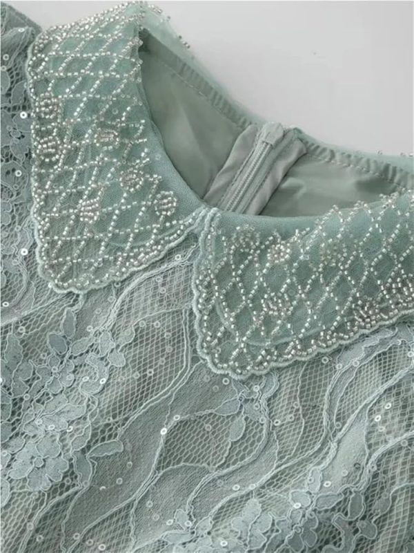 Women Vintage Lantern Sleeve Lace Maxi Dresses Sequin Mesh Ruffle Patchwork Party Dress