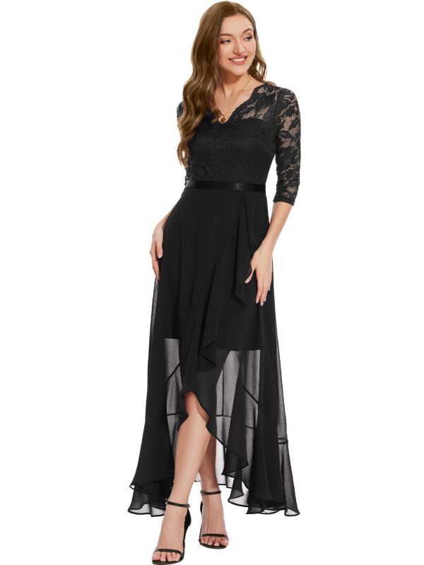 Women's V-Neck Dress for Women Wedding Guest Hi-Lo Floral Lace Prom Cocktail Party Formal Bridesmaid Dress