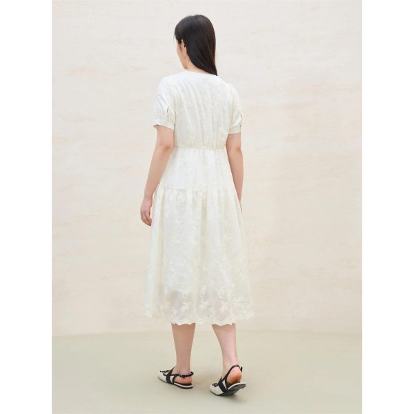 Women Beige Dress Gentle Style Short Sleeve V-Neck Long Lace Lyocell Dresses Solid Vestidos