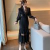 Runway Women Pleated Party Dress Spring V Neck Lantern Sleeve Chiffon Patchwork Lace Bodycon Slim Long Dress