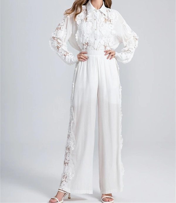 61RGPZDODvL.jpg Women's Lace Shirt Set - Hollow Out Top & Elastic Waist Pants 2-Piece