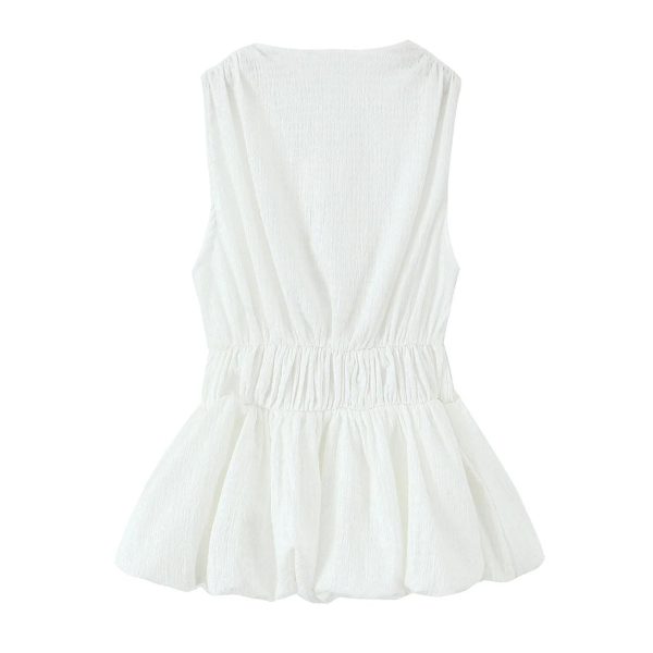 Women Bow‑Trim Deep V‑Neck Vest, Textured Elastic Waist Top