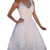 Short Lace Wedding Dresses Knee Length Travel Tulle Rhinestones V-Neck Lace Up Bride Gowns Vintage Dress
