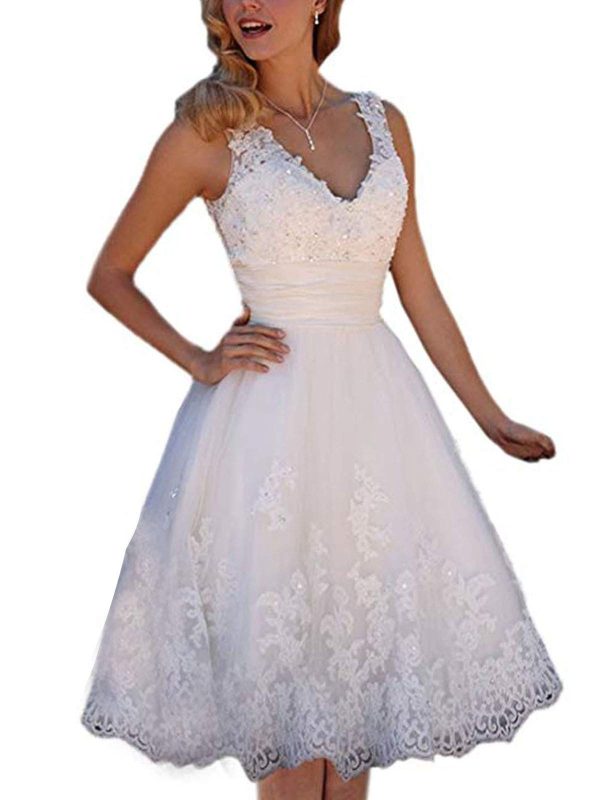 61UEOjt-dgL.jpg Short Lace Wedding Dresses Knee Length Travel Tulle Rhinestones V-Neck Lace Up Bride Gowns Vintage Dress