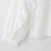 Women's White Ruffled Blouse with Elasticated Neckline Long Puff Sleeves Delicate Lace Trim Tops