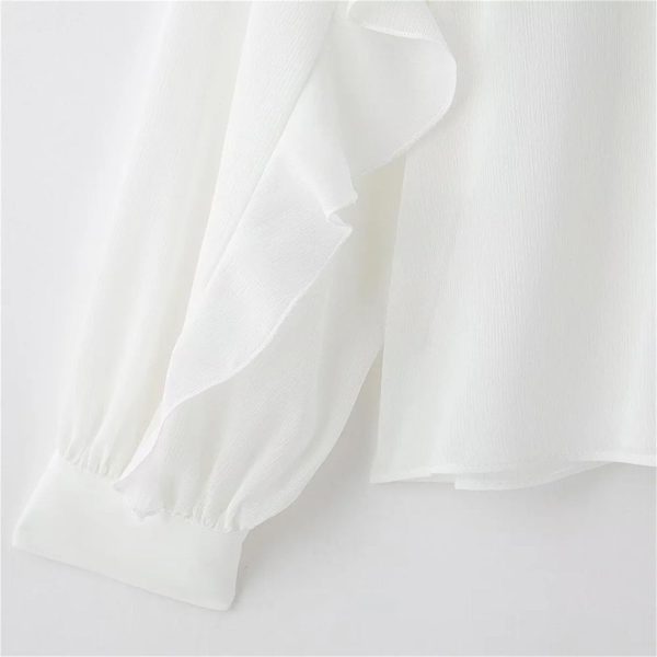 61UkTupNJhL.jpg Women's White Ruffled Blouse with Elasticated Neckline Long Puff Sleeves Delicate Lace Trim Tops