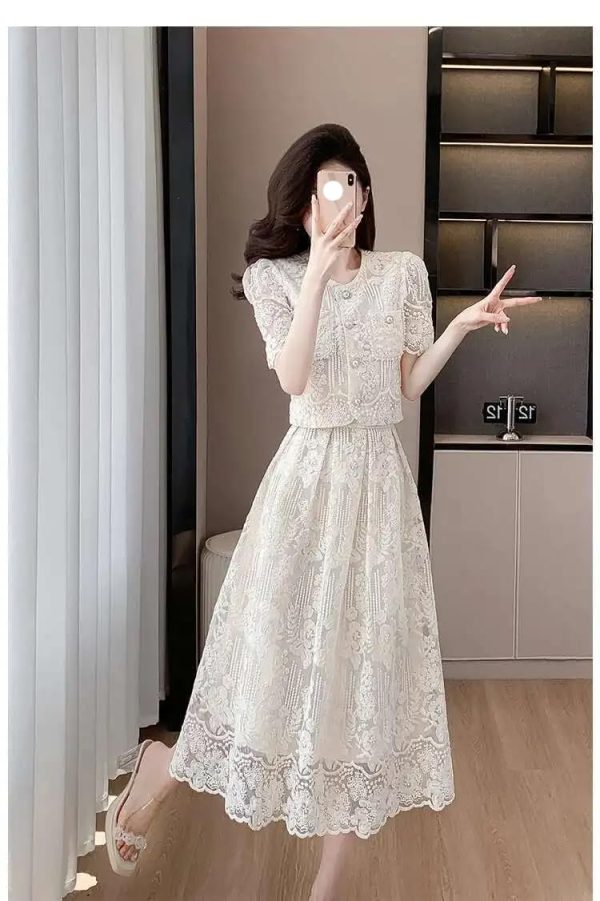 Summer Flower Embroidery Lace Two Piece Sets Women Tops