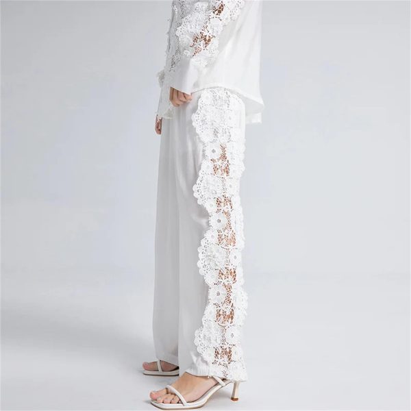 61VlGKy0iNL.jpg Women's Lace Shirt Set - Hollow Out Top & Elastic Waist Pants 2-Piece