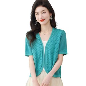 Women's Knitwear Ice Silk Shawl Summer Short Sleeve Cardigan Hollow Out Casual Top