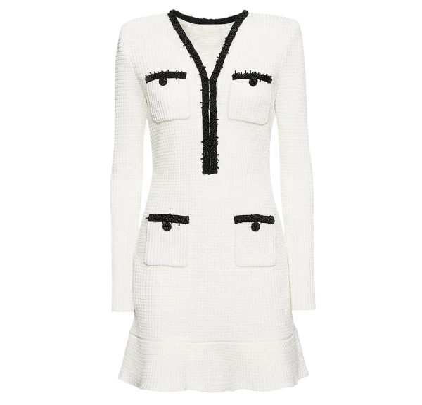 Women's Slimming Patchwork Mini Dress - V-Neck Long Sleeve High Waist Spring Pocket Dress