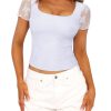 Cute Lace Square Neck Tops for Women Trendy Double Lined Fitted Short Sleeve T Shirts Going Out Y2K Summer Outfits