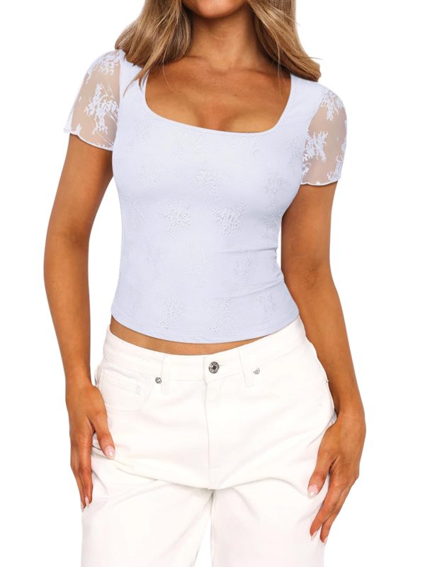 61WfuJu22eL.jpg Cute Lace Square Neck Tops for Women Trendy Double Lined Fitted Short Sleeve T Shirts Going Out Y2K Summer Outfits