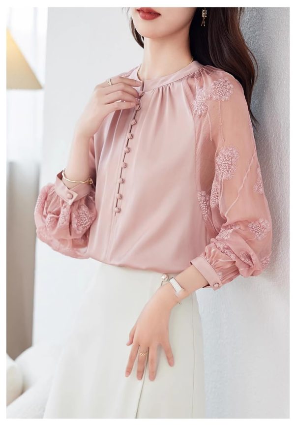 Ladies' Summer Casual Chiffon Top Long-Sleeved Office Travel Lightweight Blouse for Women