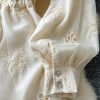 Elegant Vintage Lace Maxi Dresses for Women V Neck Embroidery Loose Fit Beach Holiday Dress with Sash