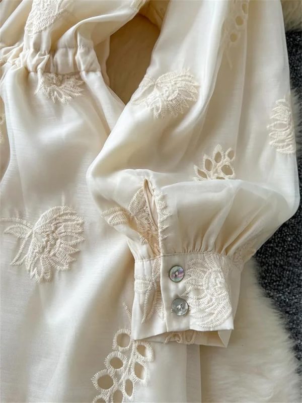 61X90idrEqL.jpg Elegant Vintage Lace Maxi Dresses for Women V Neck Embroidery Loose Fit Beach Holiday Dress with Sash