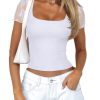 Cute Lace Square Neck Tops for Women Trendy Double Lined Fitted Short Sleeve T Shirts Going Out Y2K Summer Outfits