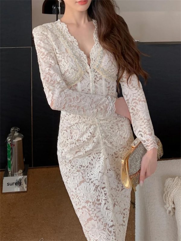 Women V Neck Long Sleeve High Waist Spliced Diamond Elegant Sexy Hollow Out Lace Slimming Dress