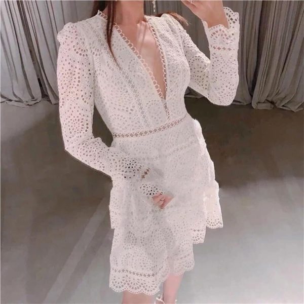 61Z56MYWwFL.jpg Women's Wedding Guest Dress Spring Lace V-Neck Bohemian Gown Hollow Long Sleeve Sexy White Party Dress(Short_Large)