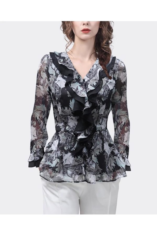 Ladies' Lightweight Chiffon Shirt Long-Sleeved for Summer Work and Travel Printed Top Blouse for Women