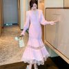 Runway Women Pleated Party Dress Spring V Neck Lantern Sleeve Chiffon Patchwork Lace Bodycon Slim Long Dress