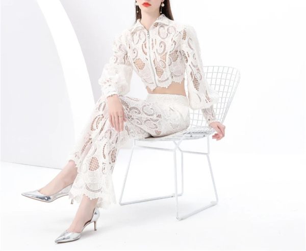 Women's Crochet Lace Set - Lantern Sleeve Top & High Waist Pants Bohemian Outfit