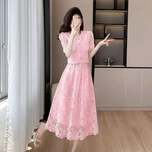 Summer Flower Embroidery Lace Two Piece Sets Women Tops