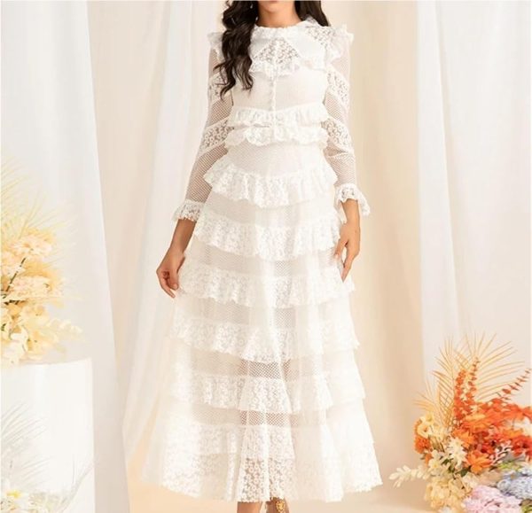 Women's White Lace Long Dress Elegant Ruffled Waist Long Sleeve Slim Fit Party Dress