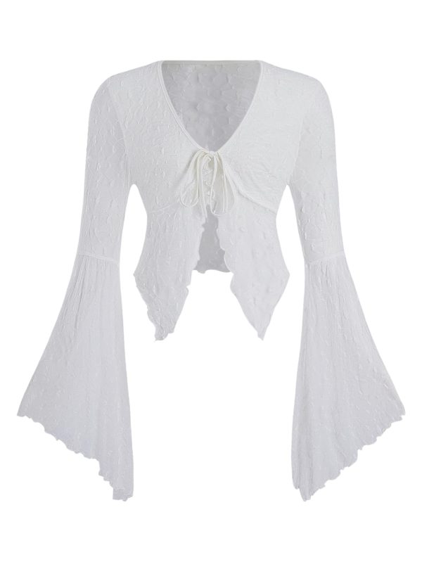 Women's Lace Tops Tie Front Bell Long Sleeve Sheer Blouse Crop Tops
