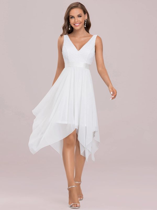 Women's Vintage V Neck Irregular Hem Lace A Line Chiffon Cocktail Dresses 00207