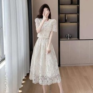 Summer Flower Embroidery Lace Two Piece Sets Women Tops
