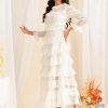 Women's White Lace Long Dress Elegant Ruffled Waist Long Sleeve Slim Fit Party Dress