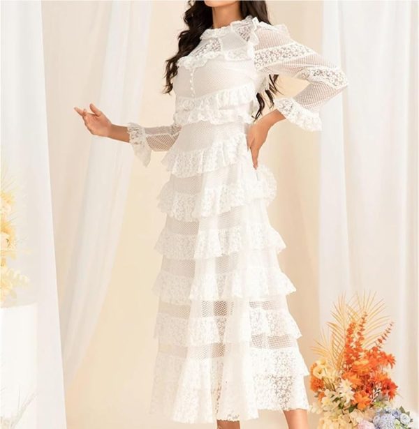 Women's White Lace Long Dress Elegant Ruffled Waist Long Sleeve Slim Fit Party Dress