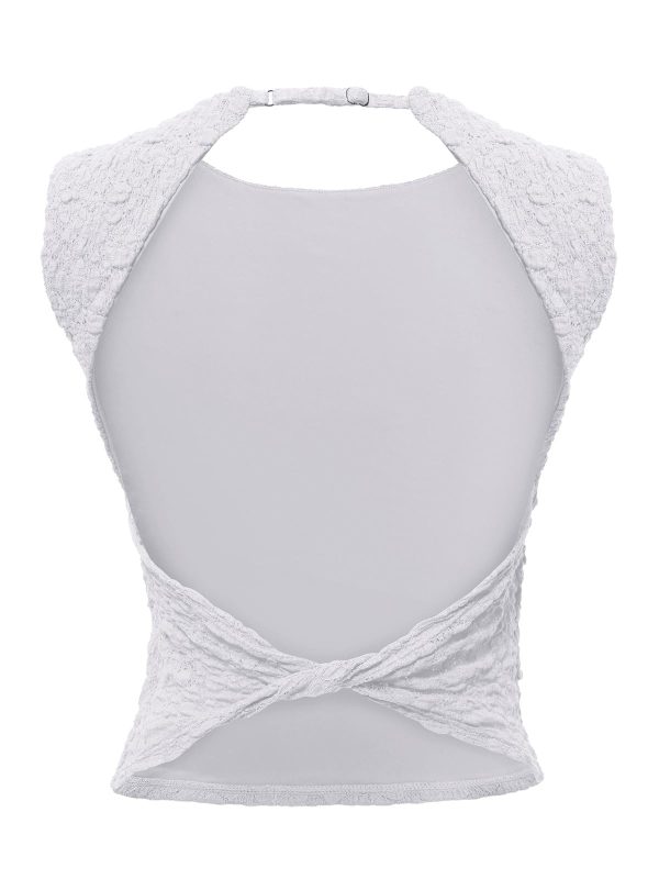 61fAIhdWdUL.jpg Women's Sexy Open Back High Neck Sleeveless Tank Top Y2k Lace Twist Backless Crop Tops