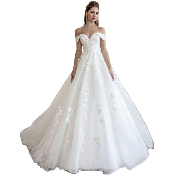 Lace Train Wedding Dress for Bride Aline Applique Bride Dress Long Tulle Off Shoulder Strapless