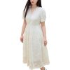 Women Beige Dress Gentle Style Short Sleeve V-Neck Long Lace Lyocell Dresses Solid Vestidos