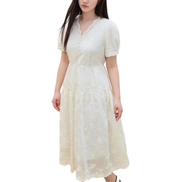 Women Beige Dress Gentle Style Short Sleeve V-Neck Long Lace Lyocell Dresses Solid Vestidos