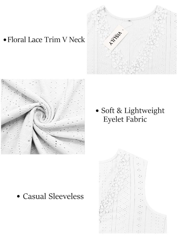 Womens-Plus-Size-Tank-Tops Summer Floral Lace Trim V Neck Shirts Casual Sleeveless Blouses Cute Eyelet Tunics XL-5XL