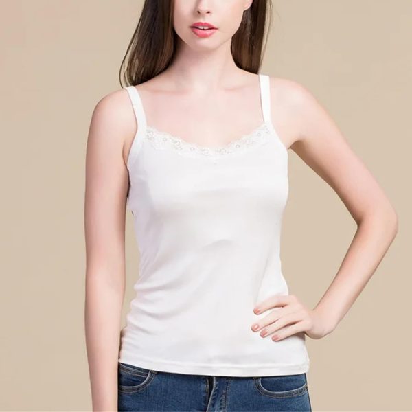 Women’s 100 Percent Mulberry Silk Knit Lace Camisole Vest Sleepwear with Straps