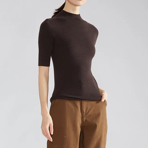 Women Short Sweater Fine Wool O Neck Pullover Vertical Stripe Half Sleeve Knitted Tops