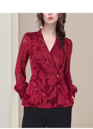 Ladies' Summer Long-Sleeved Chiffon Top V-Neck for Barbecues Movie Nights Parks Slimming Blouse for Women