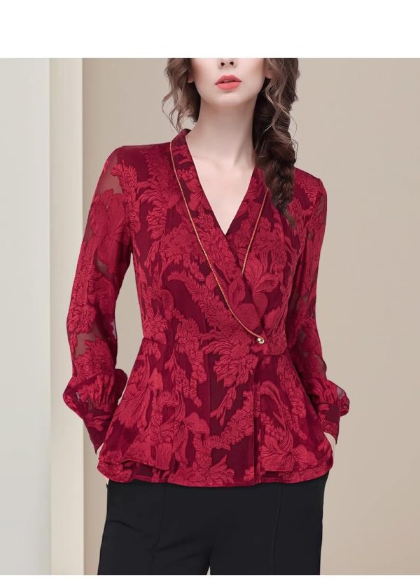 Ladies' Summer Long-Sleeved Chiffon Top V-Neck for Barbecues Movie Nights Parks Slimming Blouse for Women