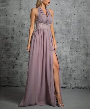 Women Elegant Pleated Strap V-Neck Chiffon Top Lace Split Skirt Evening Dresses Ball Party Dress