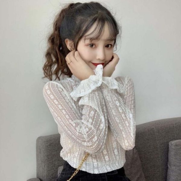 Lace Tops for Women Long Sleeve Mock Neck Sheer Blouse See Through Floral Lace Tops