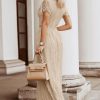 Women's V Neck Short Sleeve Floral Lace Wedding Dress Bridesmaid Cocktail Party Maxi Dress
