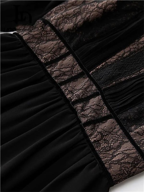 Women's Retro Lace Spliced Chiffon Dress Round Neck Hollow Layered Elegant Party Festive Dresses
