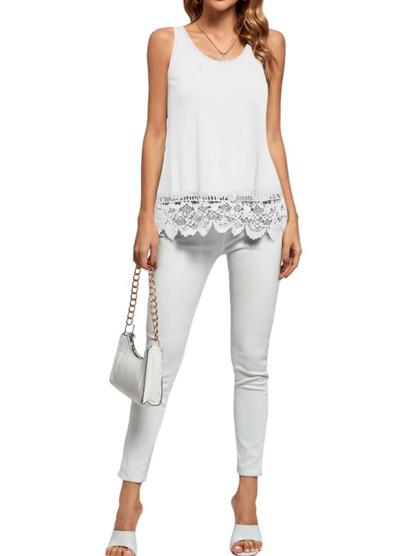 Women's Lace Hem Boat Neck Sleeveless Swing Trim Loose Tank Tops Blouse